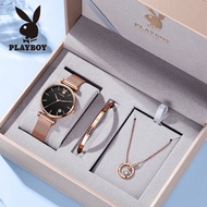 PLAYBOY ของแท้นาฬิกาผู้หญิงกันน้ำ 2023 ใหม่หรูหราแฟชั่นสบายๆปฏิทินนาฬิกาควอทซ์สแตนเลสกุหลาบทองตาข่ายเข็มขัดแบรนด์เนมนาฬิกาผู้หญิงกล่องของขวัญสำหรับแฟน