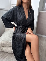 Hot Leopard Print Night Robe Long Sleeve V Neck Robe With Belt  WomenS Sleepwear