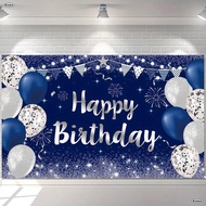 1PC 2D Sparkling Happy Birthday Banner -70.9 Inches X 43.3 Inches Silver And Navy Blue Party Backgro