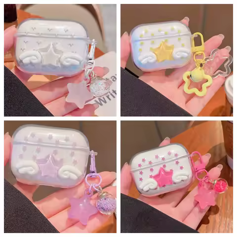 Pro3 Lovely 3D Star Wings Transparent Earphone Case with Pendant Cover for AirPods 3 4 Pro 2 Pro 3 P