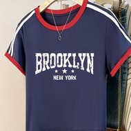 TEMU 8361-letter Slogan Fashion Women's Short Sleeve, Retro Striped Contrast Round Neck, Girly Casua