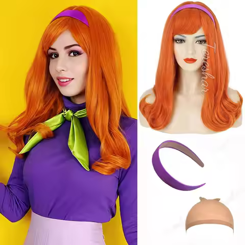 Synthetic Long Curly Orange Wig+Purple Headband Daphne Costume Wig,Short Brown Wig+Glasses+Magnifyin