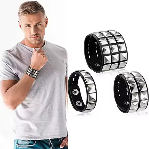 New Unique 3 Row Cuspidal Spikes Rivet Stud Wide Cuff Leather Punk Gothic Rock Unisex Bangle Bracele