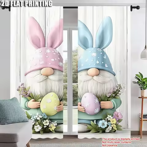 2Pcs Easter Egg Gnome Rabbits Printed Window Curtain For Bedroom Office Kitchen Living Room And Stud