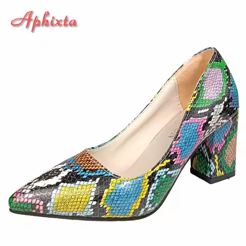 Aphixta 2025 Snake Prints 7cm Square Heels Pumps Women Shoes Crystal Pearl Sunflower Buckle Party Le