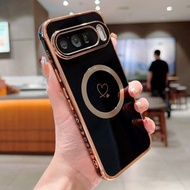 適用於電鍍側邊雙愛心磁Pixel9ProXL吸手機殼6D電鍍簡約穀歌8Pro全包防摔Pixel87A保護套-經典黑 穀歌Pixel 7A