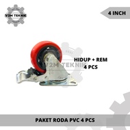MERAH PACKAGE 4 PCS 4 Inch Red PVC Wheels / 4" Trolley Wheels ON OFF BRAKES / 4" Red PVC Wheels / Tr