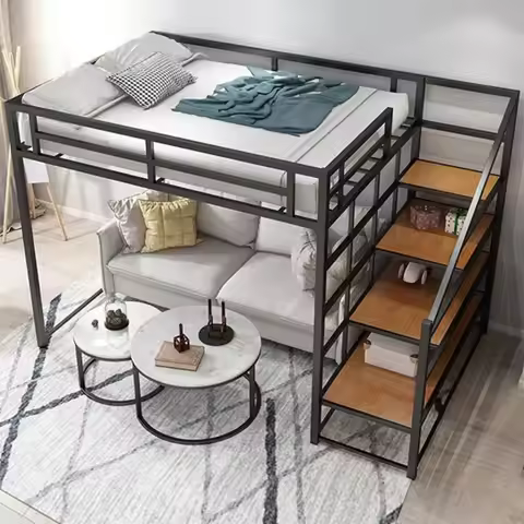 Dormitory Modern Iron Frame Loft Bed Queen Size Good Quality Hostel Adult Metal Bunk Beds with Stair