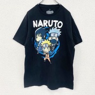古著短袖動漫印花 T 卹，印有鳴人、佐助和卡卡西，黑色，復古設計，圓領，L 碼