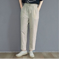 【มีไซส์ใหญ่】Plus Size Womens Elastic Waist Casual Spring Summer Pants Solid Color Slim Cotton&amp;Linen Trousers