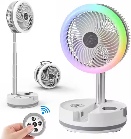 Foldable Oscillating Camping Fan with Remote, USB C Rechargeable 40000mAh Battery, LED Lights for Be