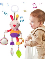 1 件組男女寶寶兔娃娃玩具適合0 3 6 9 至12 個月,柔軟懸掛皺紋吱吱感官學習玩具嬰兒新生兒嬰兒車汽車座椅嬰兒床旅行活動毛絨動物風鈴帶牙膠和扭曲鏡子（某有些部件可能是隨機的）