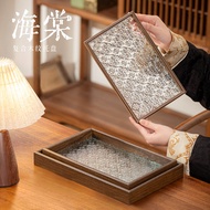 Only-Vintage Glass Begonia Flower Tray Wooden Tea Tray Kung Fu Tea Set Tray Rectangular Water Tray F