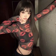y2k y2k Women's Clothing Translucent Tops Hot Girls American Style Printed Gauze Long Sleeves T-Shir