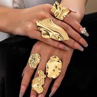 5pcs Set Abstract Crinkle Gold Metal Personalized Rings, Women's Thick Rings, Stackable Rings