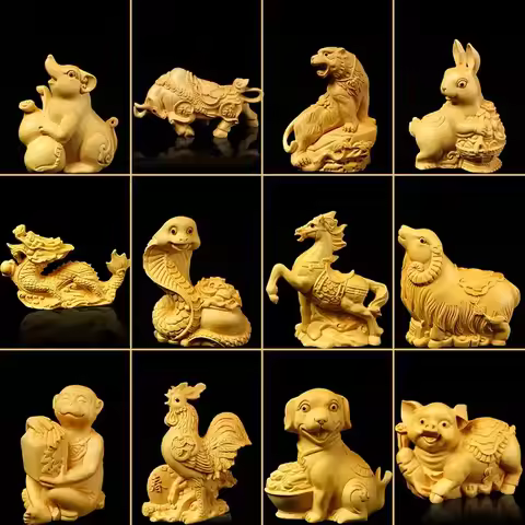 Treasure Compendium of The Zodiac - 12 Meticulously Carved Boxwood Animals Home Living Decor