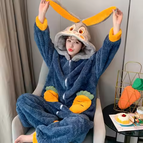 Winter Kigurumi Thicken Flannel Animal Pajamas Suit Adult Onesie Anime Women Girls Rabbit Jumpsuit H