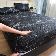 1Pc Quilted Bedsheet Single Queen King Size Black Color Marble Pattern Fitted Sheet INS Style Thickened Mattress Cover