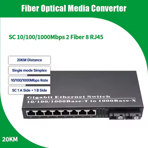 10/100/1000mbps single mode simplex 2 SC to 8 RJ45 Fiber Optical Media Converter Gigabit Ethernet sw