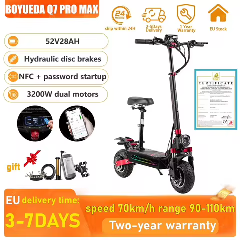 BOYUEDA Q7Pro Max E-Scooter 3200W Dual Motor 52V28AH Battery NFC Activated App Control Escooter Sile