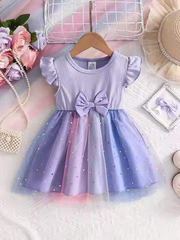 1-Piece Summer Thin Dress for Baby Girls, Children's Round-Neck Bow-Decorated Sleeveless Sequin Dres