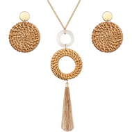 Set Kalung Panjang dan Anting-Anting Rotan untuk Wanita, Kalung Rotan Rumbai Panjang Buatan Tangan, 