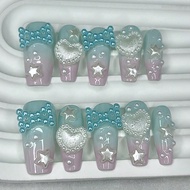 10 Pieces Y2K Cute Pink Green Gradient Handmade Press On Nails Sweet 3D Bow Star Heart Pearl Fake Na