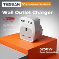 TESSAN - SG Safety Mark, Wall Plug Extension Charger Adapter Multi Plug Charge With 2 USB Ports