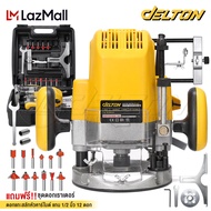 DELTON เร้าเตอร์ เครื่องเซาะร่องไม้ 2200W ขนาด 1/2 นิ้ว 4 หุน Electric Router เครื่องเซาะร่อง พร้อมกระเป๋า และ อุปกรณ์เสริม 11 ชิ้น ดอกเร้าเตอร์ / ทริมเมอร์ 12 ตัว รุ่น DT-9661 - สีเหลือง