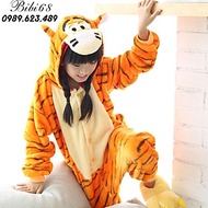 Bộ Đồ ngủ thú hổ vằn liền thân lông mịn Pijama Cho Người Lớn và Trẻ Em kiểu dáng Động Vật Hoạt Hình 