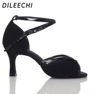 【Customer favorite】 Dileechi Brand Black Flock Deep Skin Color Satin Latin Dance Shoes Ballroom Dancing Shoes High Heels Party Salsa Dance Shoes