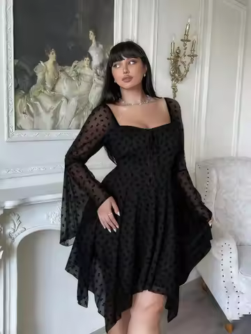 Plus Size Women's Y2K Fleece-Like Jacquard Stretch Drawstring Bell-Sleeve Ruffled Dress, Evening Wea