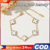 18K Gold Four Leaf Clover Bracelet Necklace Set 5 Clover Charm Titanium Steel Plated White Jewelry