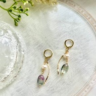 螢石耳環 橢圓螢石 淡水珍珠耳環 淡水珍珠 手作飾品 手作耳環