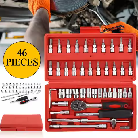 46pcs Metric Flexible Head Ratcheting Wrench Combination Wrench Set 1/4" Drive Hex Bit Socket Set Me