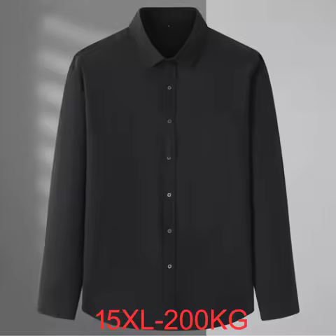 Spring and Autumn Large Size 15XL Men's Long-sleeved Shirt Fat High Elastic Solid Color Shirt 12XL 1