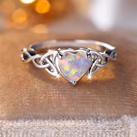Mystic White Fire Opal Rings For Women Antique Gold Silver Color Leaf Infinity Wedding Bands Heart E