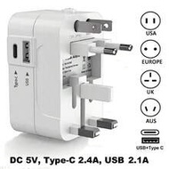 Universal Travel Adapter, 1 USB Port + 1 Type-C Port, Wall Plug Power Adapter, US/EU/UK/AU Conversio