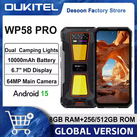 Oukitel WP58 PRO 5G Rugged Phone 6.7'' HD 10000mAh 33W Android 15 NFC Cellphone with Dual Camping La