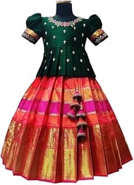 Kids, MultiColor Art Silk Jecquard South Indian Style Pavdai Pattu Lehenga Choli for Kids, From 12 Months - 8 Years