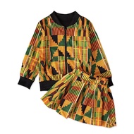 【Fairdeal】 2PCs set African dresses kids print girls zipper coat skirts dashiki Bazin children riche