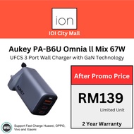 Aukey PA-B6U Omnia ll Mix 67W UFCS 3 Port Wall Charger with GaN Technology + 2 Year Warranty