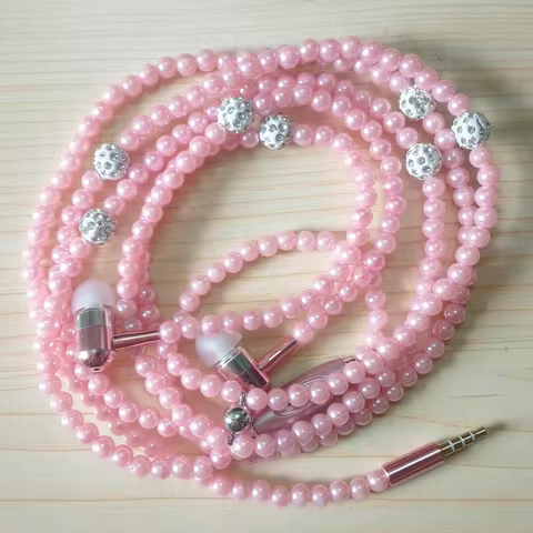 In-Ear Earphone Pearl Necklace Headphones Pink Rhinestone Necklace Jewelry Earphones Beads With Micr