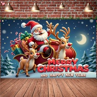 70.8 x 43.3 inches Christmas Banner , Vintage Santa Sleigh Deer Backdrop, Photo Booth Sign Wall Back