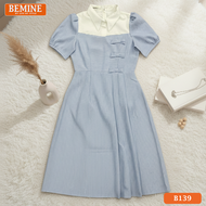 Đầm thiết kế BEMINE cổ sơ mi đính nơ họa tiết sọc dáng chữ A phù hợp đi làm-B139