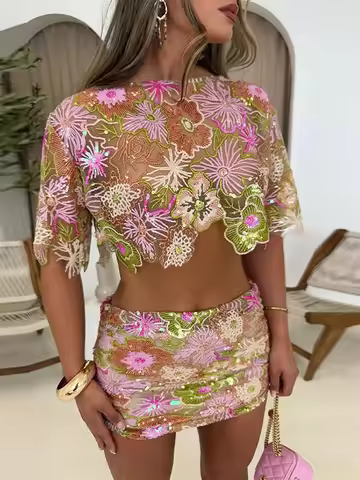 Chic Long Sleeve O Neck Crop Tops A Line Skirts Suit Fashion Beads Embroidery Skirt Set 2025 Summer 