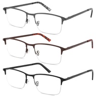 3-Pack Reading Glasses for Men Blue Light Blocking Fashion Metal Half Wide Frame Readers Semi Rimles