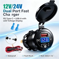 2 Port PD USB Car Fast Charger Socket 12V 24V LED Voltage Display Waterproof Flush Mount Charger Pan