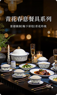 【10人份】青花玲瓏60件-春意2026新款景德鎮陶瓷禮盒裝餐具套裝