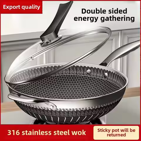 Double-sided screen 316 stainless steel wok Non-coated wok non-stick household induction cooker gas